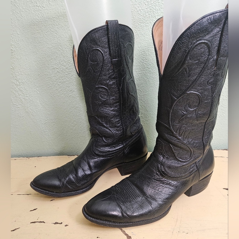 Vintage Chris Romero Black Calfskin Leather Cowboy Boots